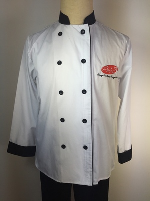 chef jacket with contrast collar and cuff embroidery logo fabric